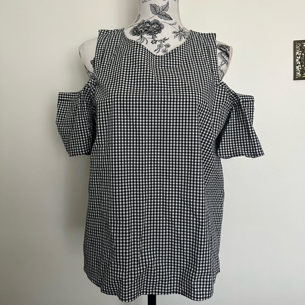 Express Black and White Gingham Cold Shoulder Blouse